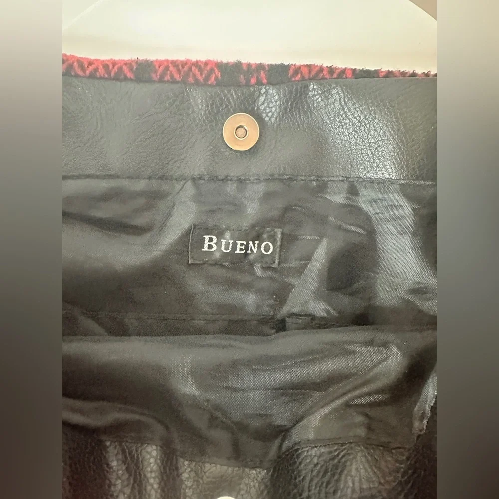 BUENO Large Red and Black Buffalo Plaid Flannel and Black Vegan Leather Tote Bag